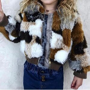 Pink Chicken Faux Fur Brown & Ivory Zip Up Jacket SIZE 3